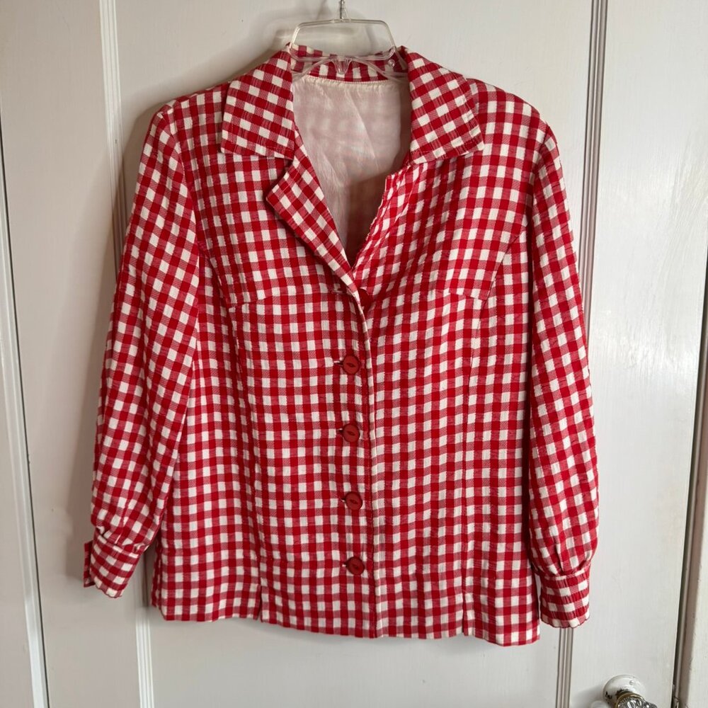 Vtg Red & White Gingham Boxy Button Front Jacket '60s sz L